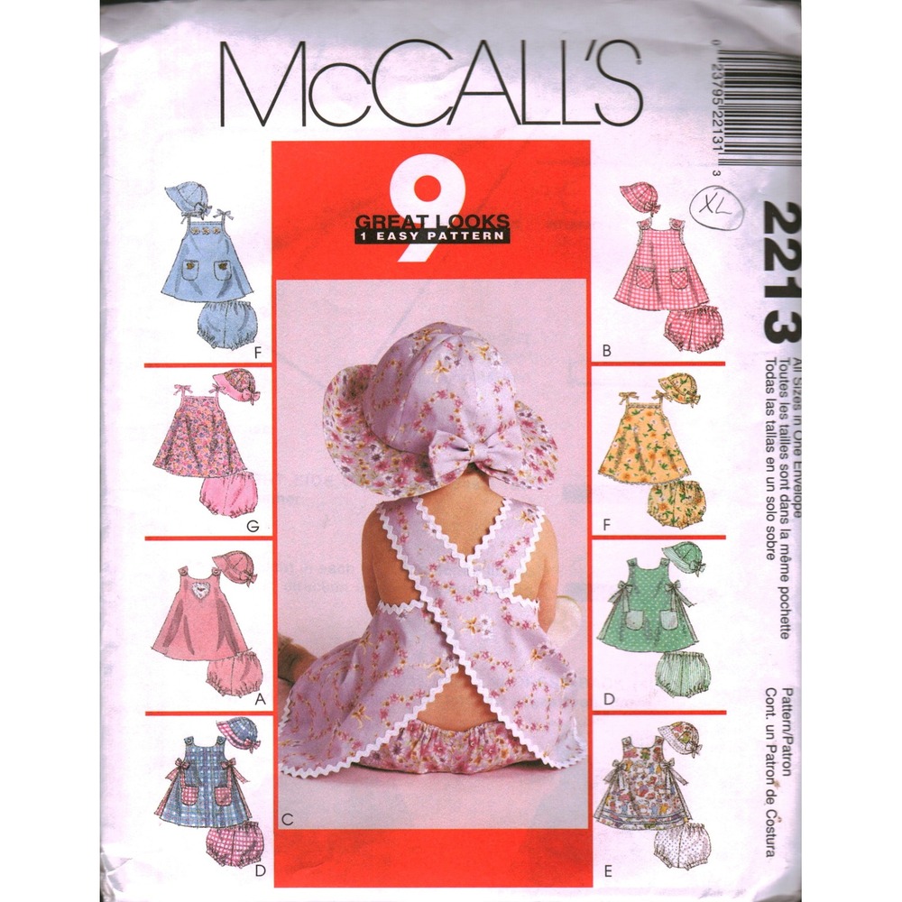 McCalls 2213 Infants Dress Panties Hat Sewing Pattern Size S M L XL 9 Looks